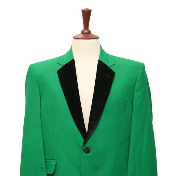 Mens Blazer Green Wool Black Velvet Formal Tuxedo Jacket Wedding Sport Coat 44R - Picture 3 of 8